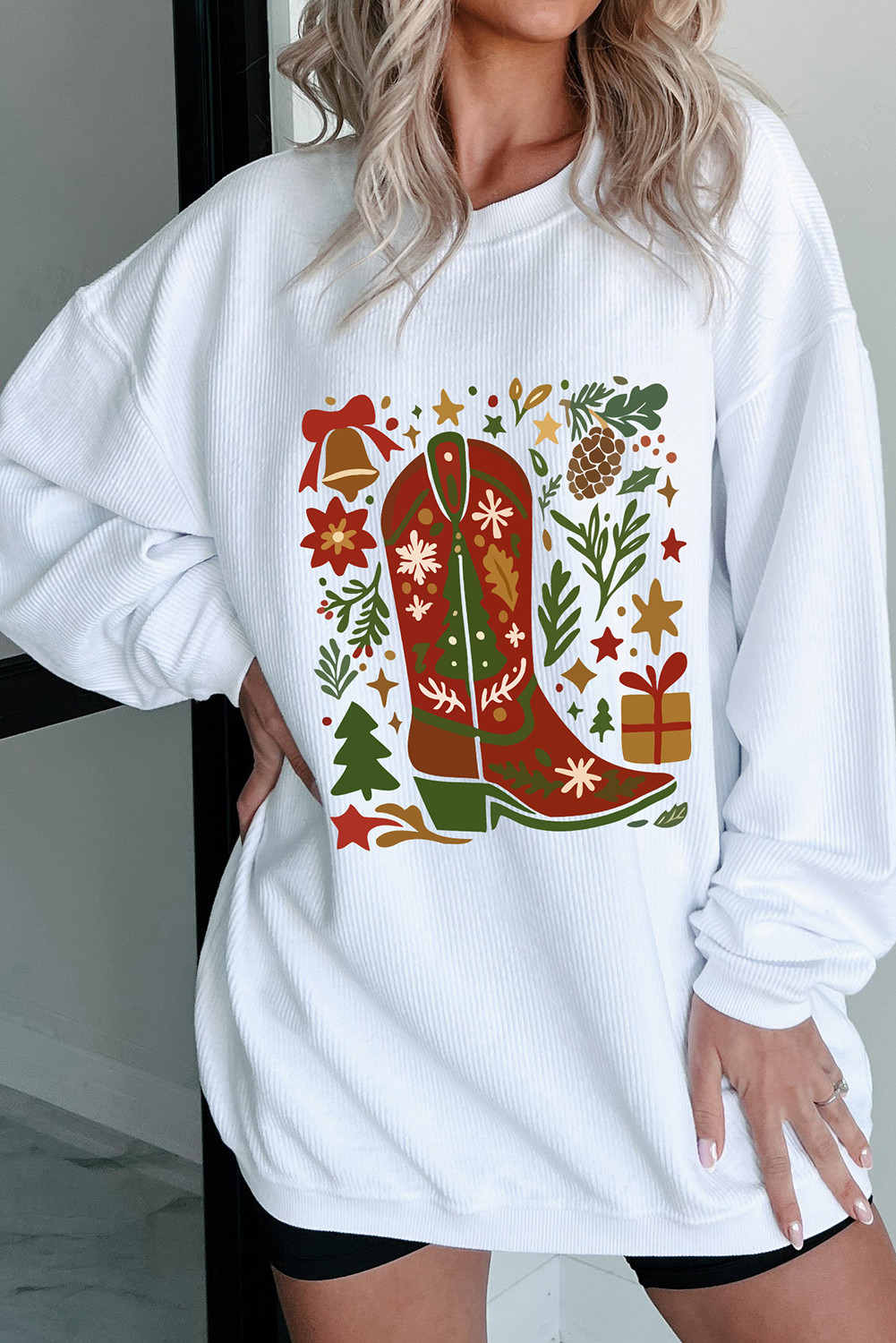 白色圣诞绿叶靴印花绳纹罗纹落肩套头衫 LC25320970