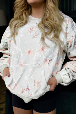 灰色花卉印花大码宽松连帽衫