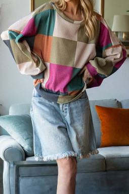 绿色格纹印花纹理针织长袖宽松上衣