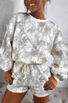 浅灰色抽象林地迷彩印花宽松套头抽绳短裤套装