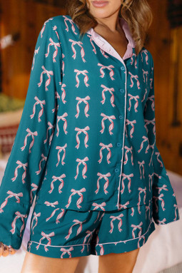 绿色丝带蝴蝶结印花丝质长袖衬衫和短裤 2 件睡衣套装