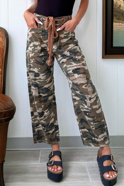 绿色迷彩印花泼水仿旧宽松牛仔裤