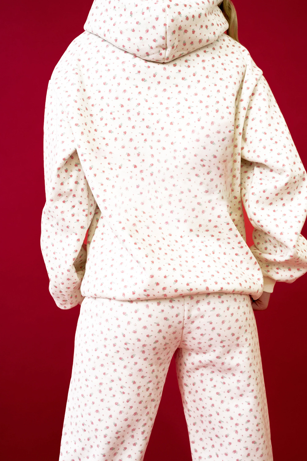 粉色花卉印花袋鼠口袋连帽衫护套运动裤套装 LC25317767