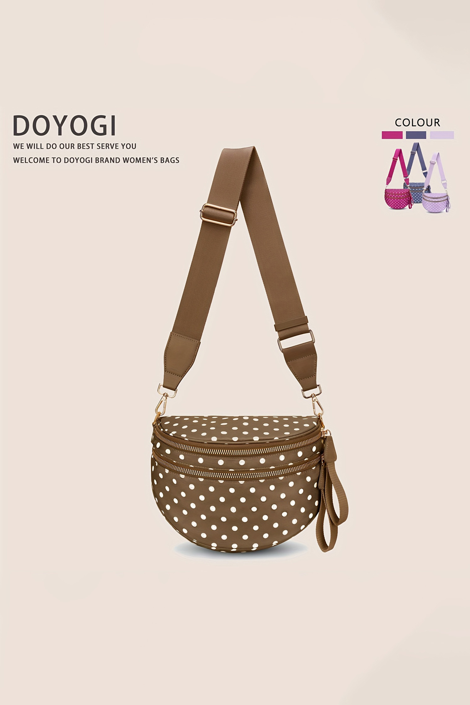 驼色圆点印花金色链带双拉链斜挎包 BH031447