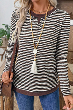 棕色人造两件式纹理条纹圆领长袖 T 恤