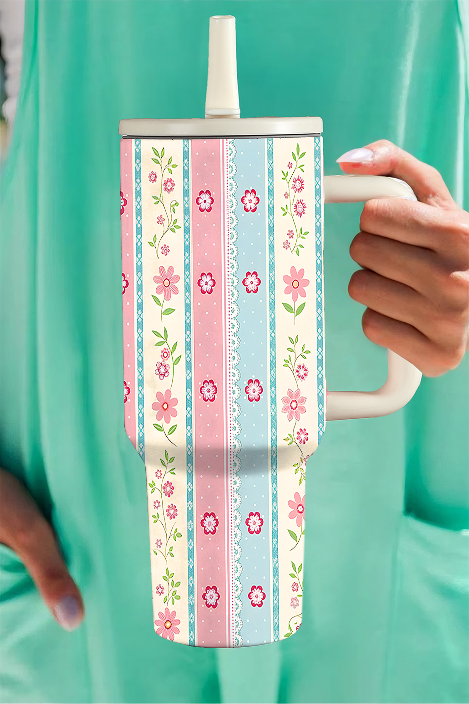 粉色俏皮花卉色块条纹翻盖吸管杯 BH051860