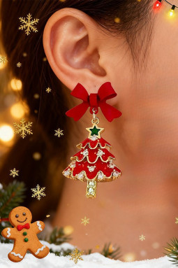 火红色 3D 蝴蝶结莱茵石圣诞树镶嵌耳环