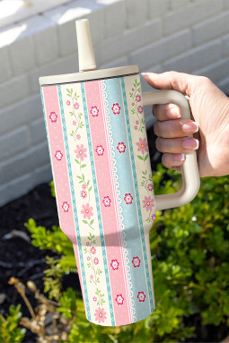 粉色俏皮花卉色块条纹翻盖吸管杯