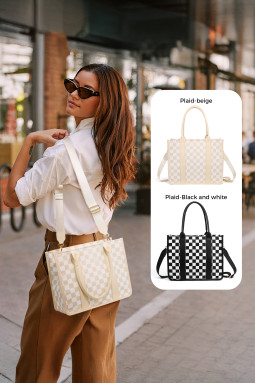 白色格纹印花 PU 皮革拼色拼布工作托特包手提包