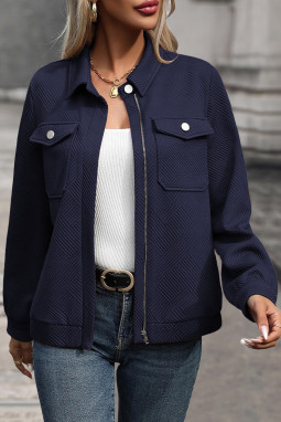 海军蓝色纯色拉链纽扣翻盖衬衫领夹克