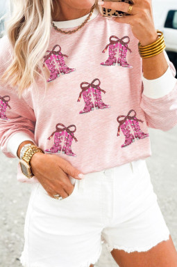 粉色条纹女牛仔靴亮片图案圆领长袖 T 恤