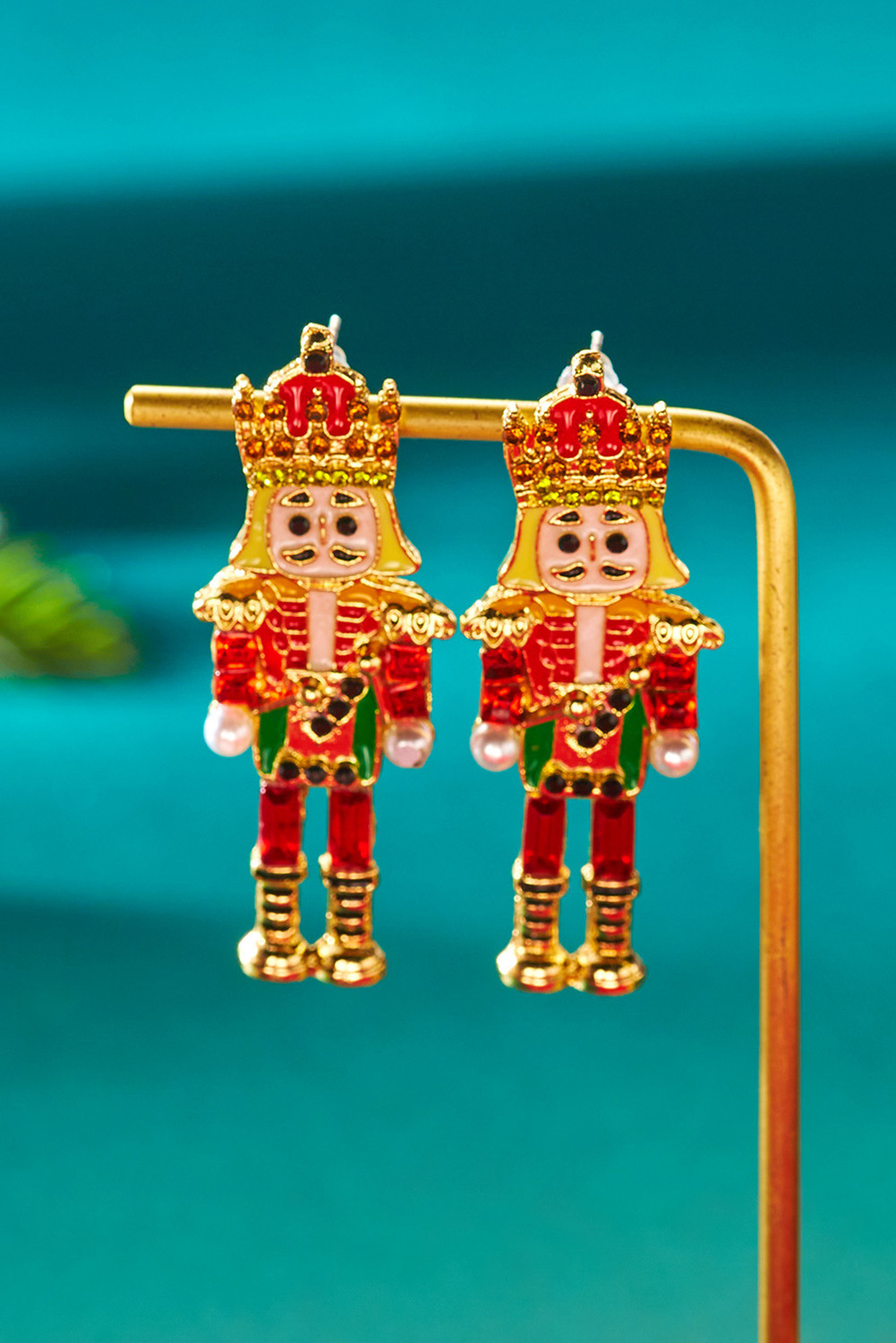 金色圣诞胡桃夹子娃娃合金宝石假日耳环 BH014535