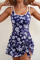 蓝色交叉后背花卉印花不对称结侧连体泳衣