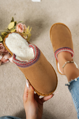 栗色人造绒面革毛绒衬里对比刺绣细节​​冬季拖鞋