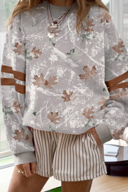 灰色枫叶迷彩印花校队条纹袖休闲套头衫