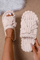 白色蝴蝶结装饰灯芯绒露趾拖鞋