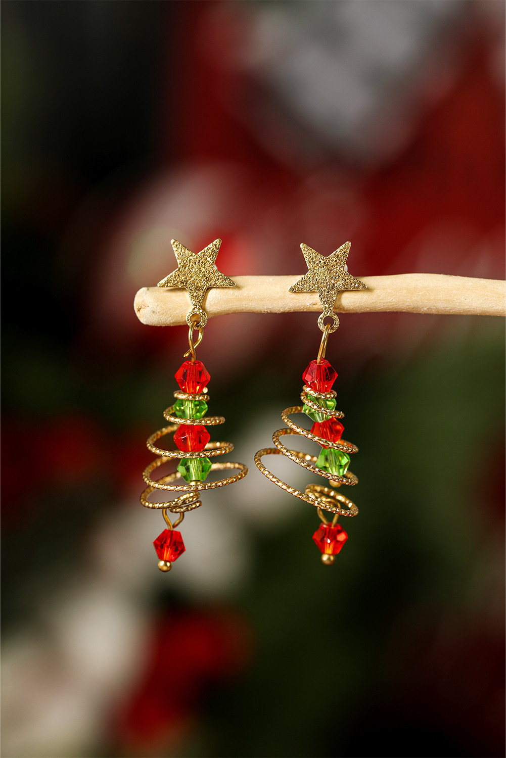 金星宝石串珠螺旋圣诞树耳环 BH014550