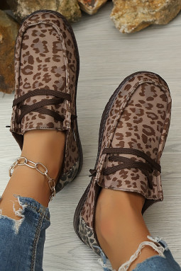 咖啡豹纹系带细节平底鞋