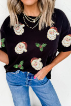 黑色 Christmas Holly Santa Claus 亮片拼贴图案 T 恤