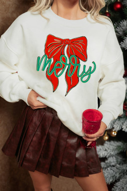 白色快乐节日蝴蝶结印花落肩宽松套头衫