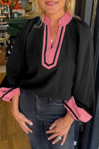 黑色拼凑细节 V 领纹理长袖衬衫