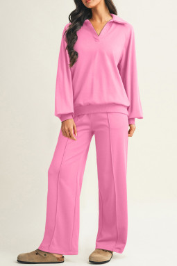 亮粉色 Polo 领 V 领套头衫和抽绳运动裤套装