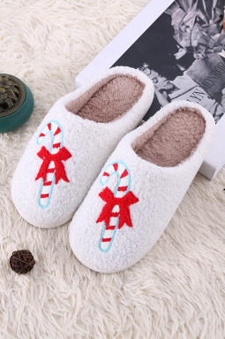 白色拐杖糖蝴蝶结圣诞毛绒拖鞋