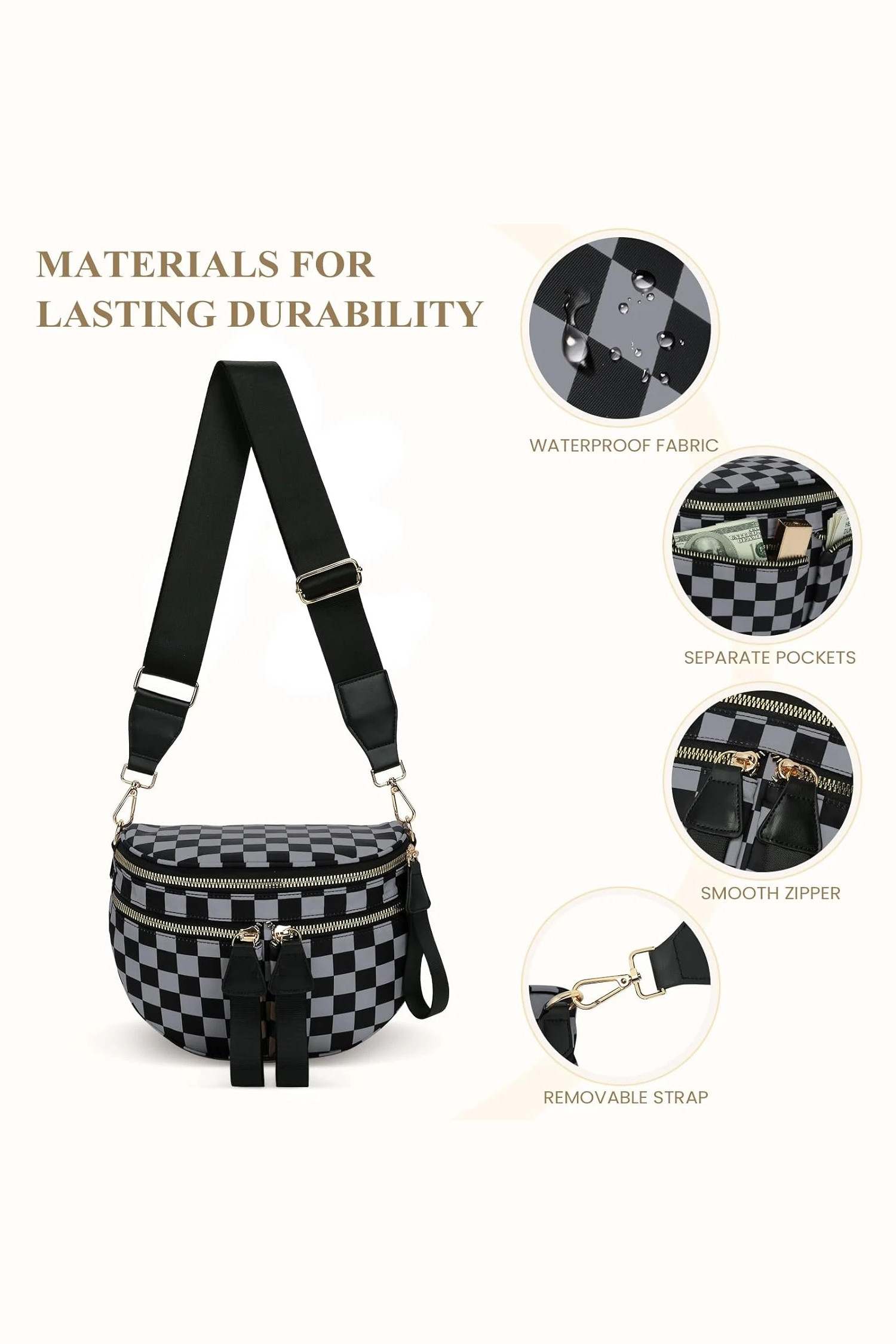 脏蓝色格纹印花多口袋拉链帆布斜挎包 BH031490