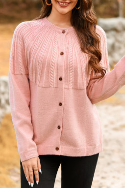 浅粉色纯色纹理细节系扣长袖毛衣开衫