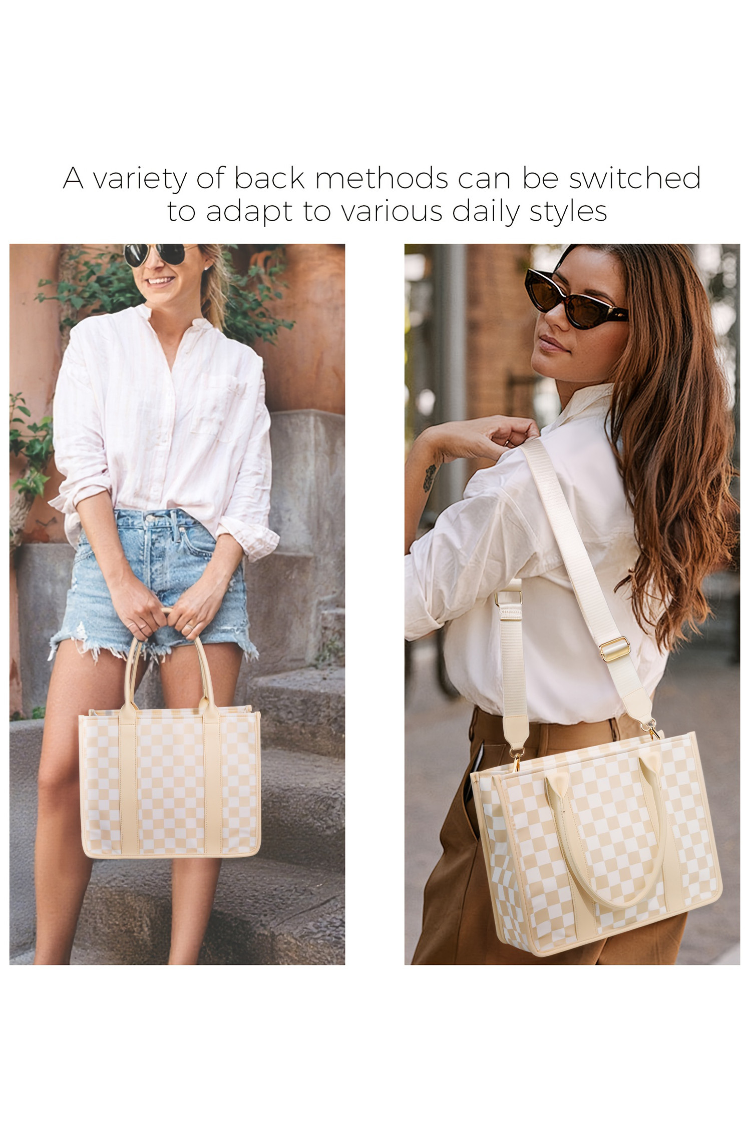 白色格纹印花 PU 皮革拼色拼布工作托特包手提包 BH031401