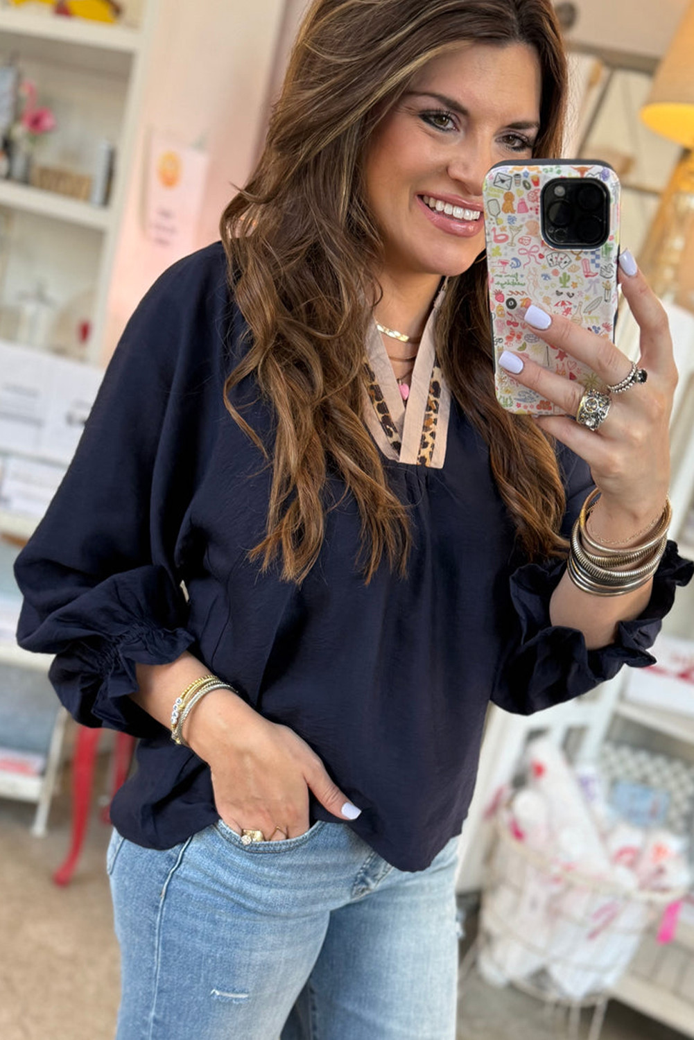 海军蓝色撞色豹纹拼布领加大码长荷叶边袖衬衫 PL2514738