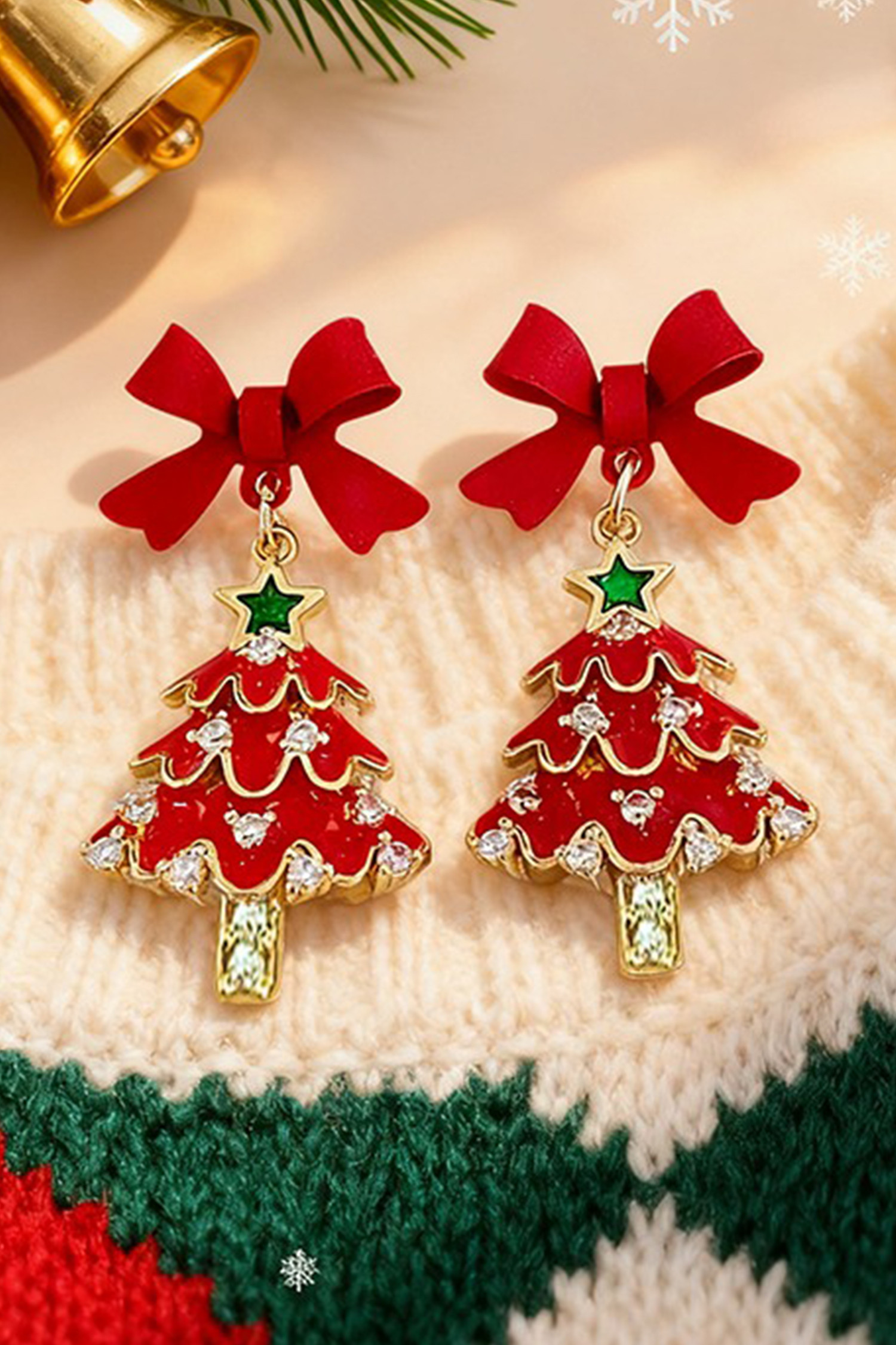 火红色 3D 蝴蝶结莱茵石圣诞树镶嵌耳环 BH014684
