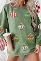 草绿色绳状罗纹亮片贴片圣诞装饰灯泡图案运动衫