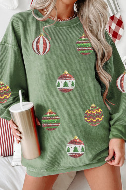 草绿色绳状罗纹亮片贴片圣诞装饰灯泡图案运动衫