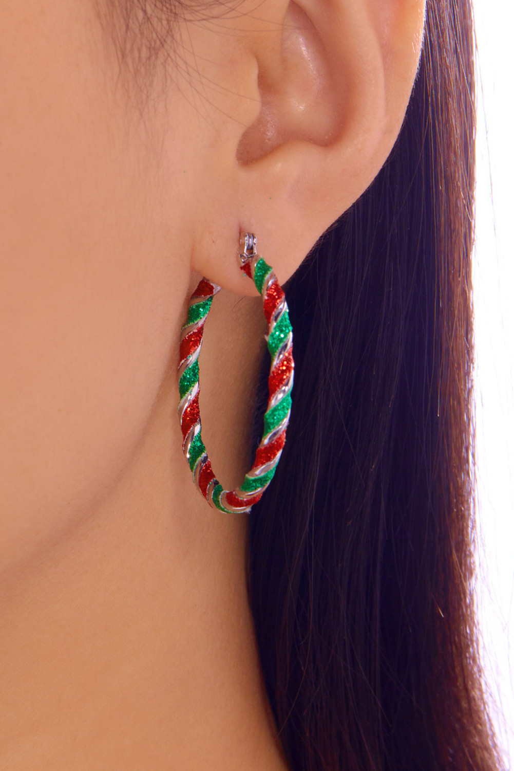 火红色圣诞结构闪光圈形耳环 BH014548