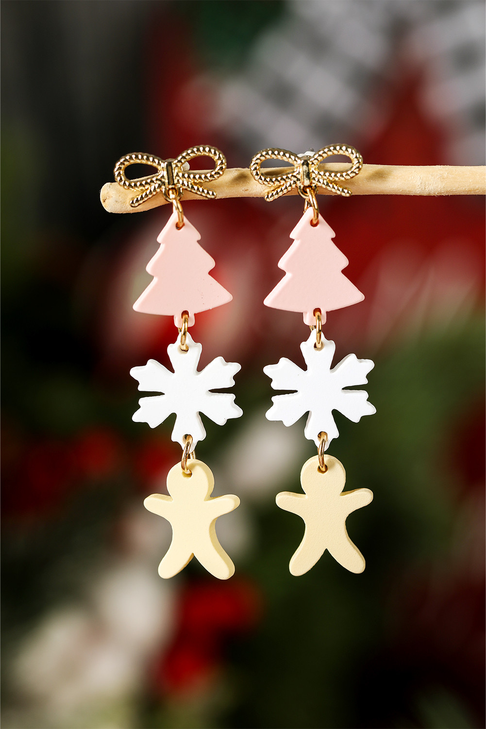 粉色圣诞树雪花姜饼人吊坠耳环 BH014553
