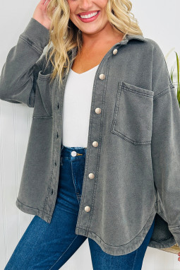 中灰色矿洗胸前口袋落肩衣带侧开衩