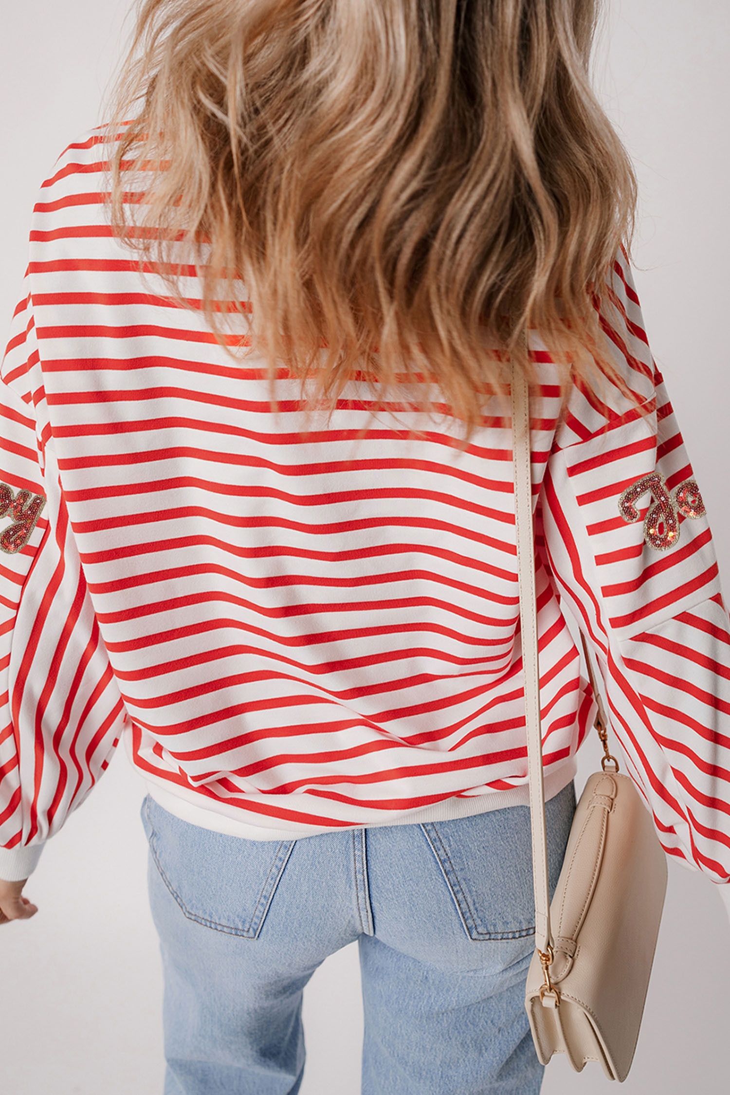 橙色条纹亮片欢乐图案拼布袖圆领运动衫 LC25320989