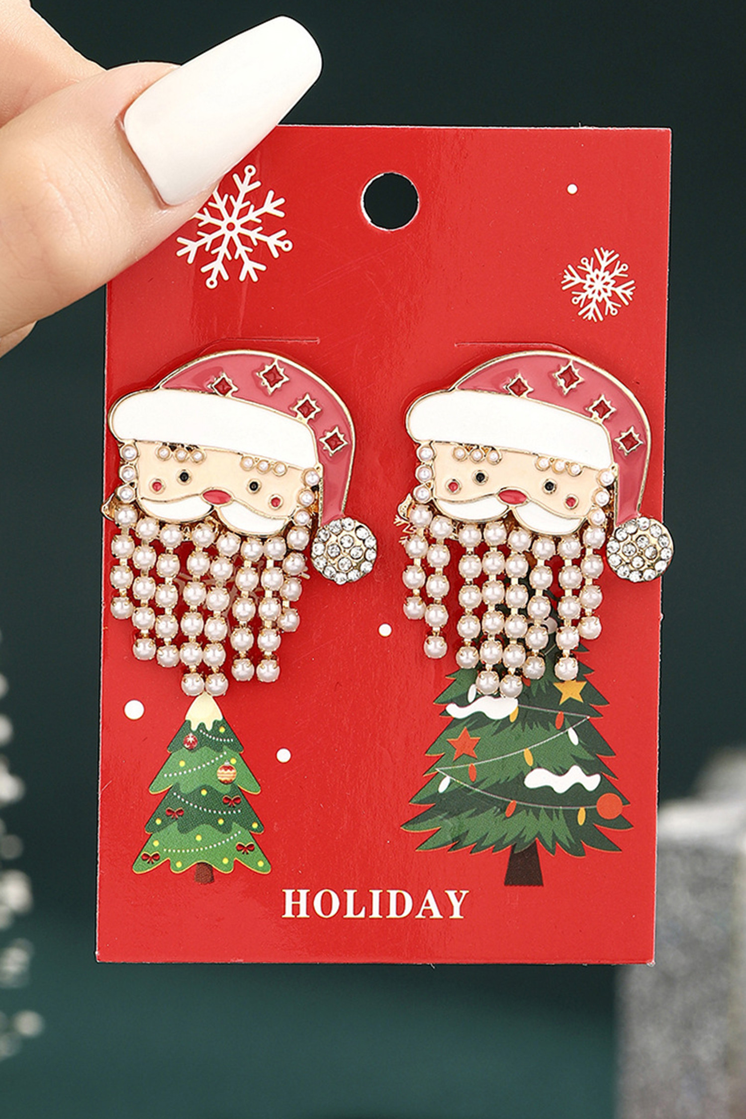 火红珍珠胡须水钻装饰圣诞老人耳环 BH014677