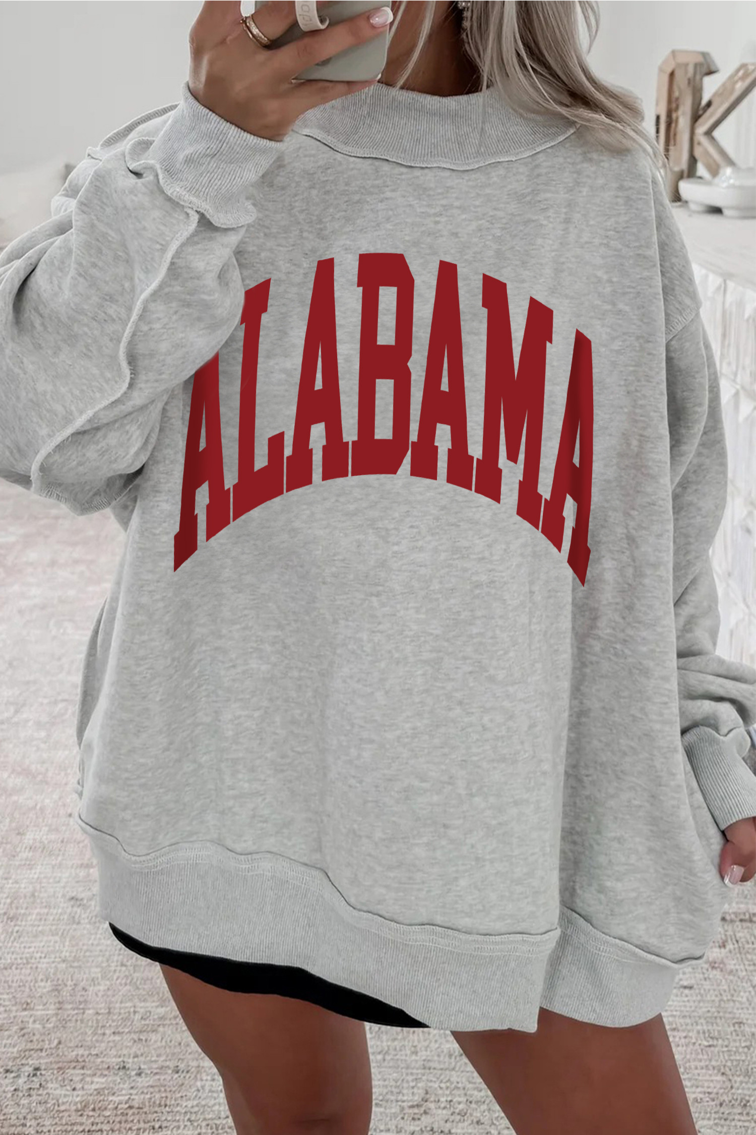 浅灰色 AL 双面印花罗纹拼布小高领套头衫 LC25320223