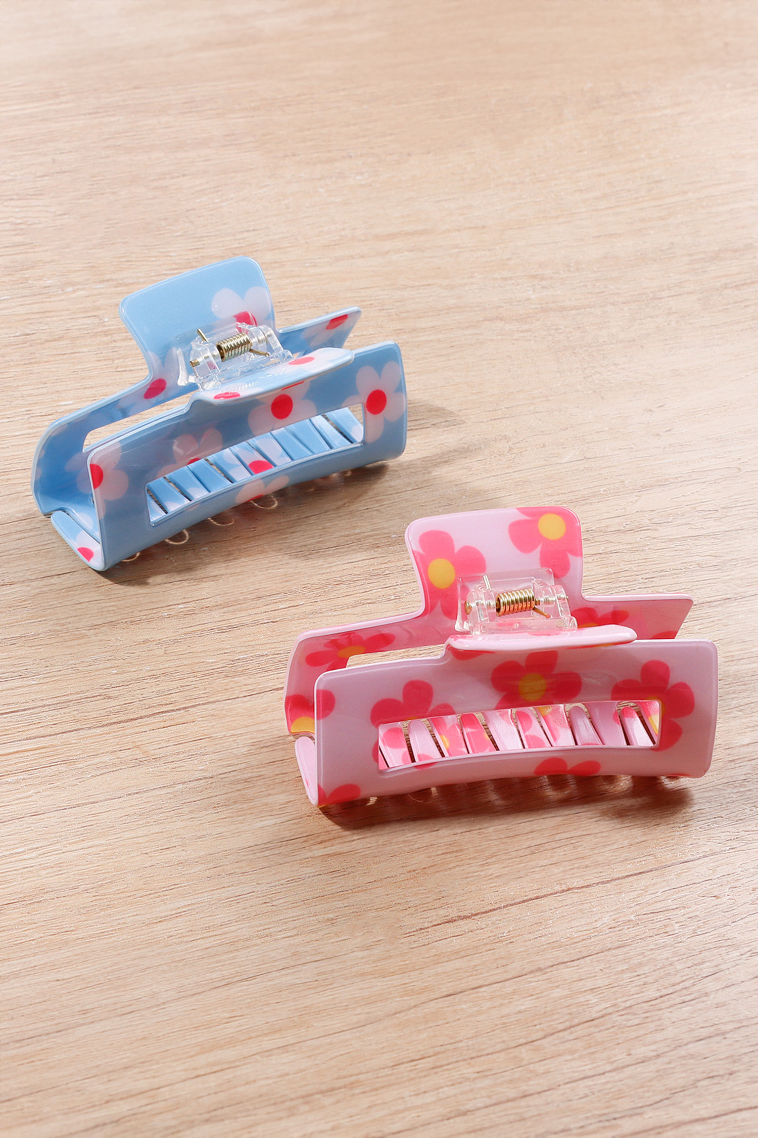 粉色精致花朵印花长方形镂空发夹 BH043672