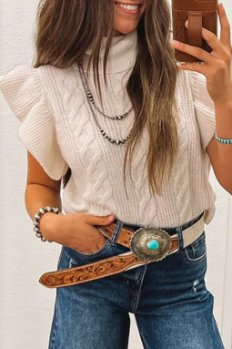 Jet Stream 绞花针织高领荷叶边短袖毛衣