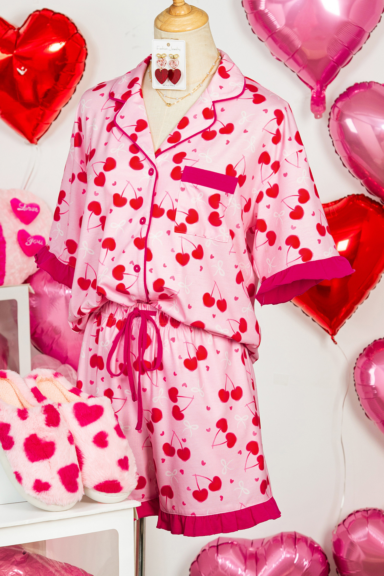 玫瑰樱桃蝴蝶结混合印花扇贝边短睡衣套装 LC151893