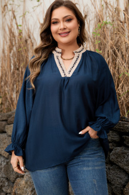 海军蓝色撞色豹纹拼布领加大码长荷叶边袖衬衫