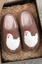 棕色卡通小鸡颜色对比衬里毛绒拖鞋