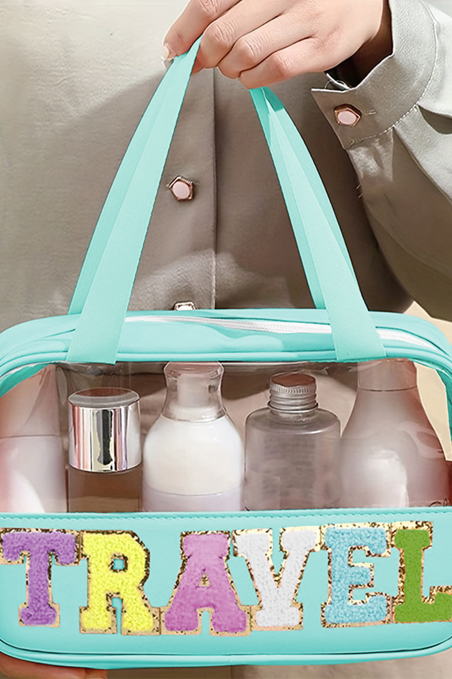 薄荷绿 TRAVEL 雪尼尔字母透明 PVC 化妆包 BH03501