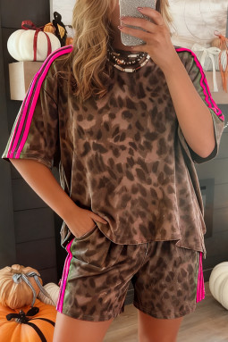 棕色撞色条纹豹纹短裤套装