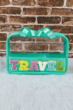 薄荷绿 TRAVEL 雪尼尔字母透明 PVC 化妆包