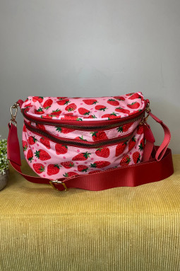 火红色漂亮棋盘格/草莓印花帆布双拉链斜挎包