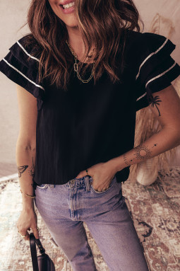 黑色撞色饰边双荷叶边短袖纹理衬衫